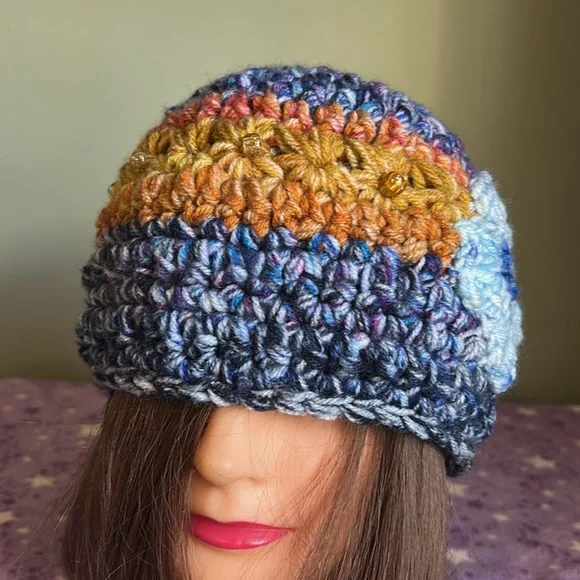 Colorful Knit Beanie with Blue Flower Accent medium soft acrylic yarn new - Picture 3 of 10